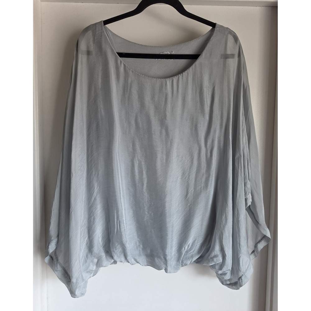 Women's Light Blue Blouse 3/4 Sleeve Round Neck Solid Top Shirt Tunic Bohemian